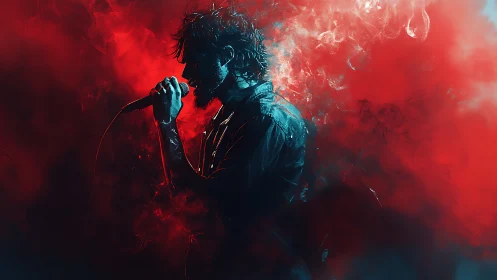 Silhouetted rock vocalist immersed in red atmospheric haze.