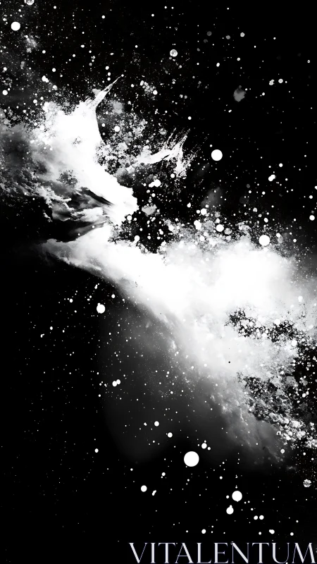 High-contrast monochrome nebular explosion with particle dispersion