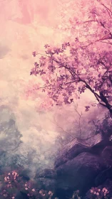 Cherry blossom tree leans over misty rocky forest ravine