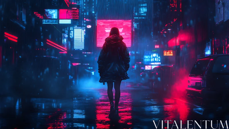 Silhouette figure walks alone through neon lit rainy street