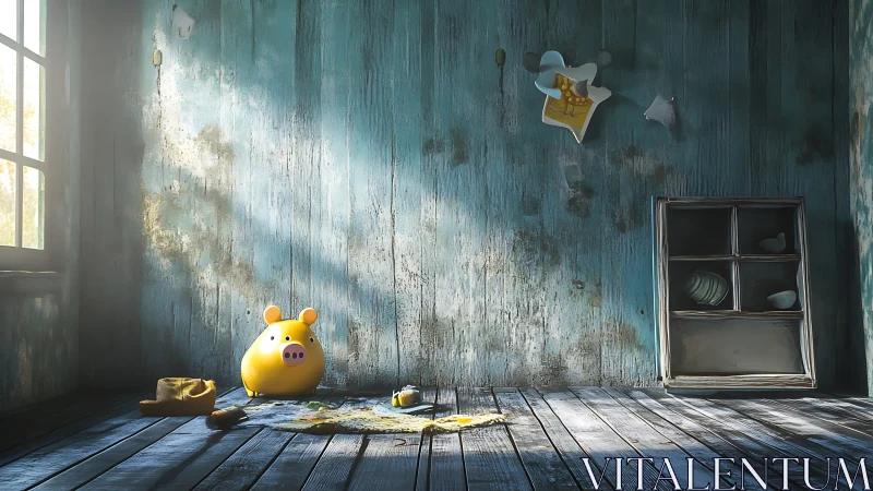 Decayed wooden room with toy pig under volumetric window light