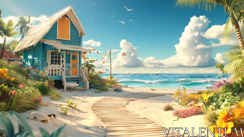 Tropical beach cottage with turquoise walls and vibrant coastal landscape
