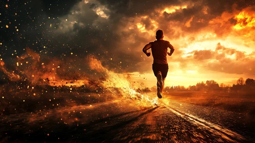 Backlit runner on asphalt road with dynamic fiery particle trail