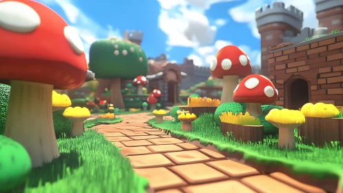 Sunny Mushroom Pathway Through a Whimsical Castle World.