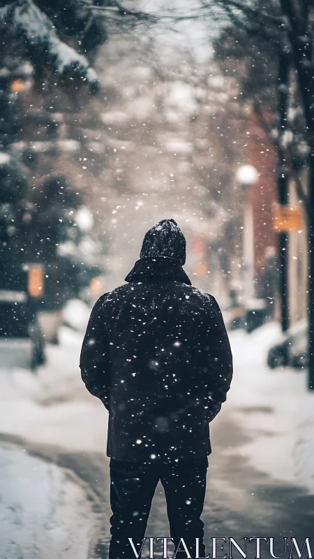 Backlit winter pedestrian in shallow-depth urban snowfall scene
