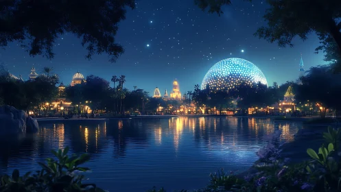 Luminous geodesic dome skyline mirrored in nocturnal lake.