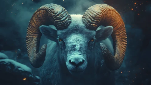 Front-facing ram portrait with curved horns in cool light.