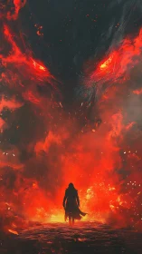 Lone wanderer strides into the blazing gaze of a titan.