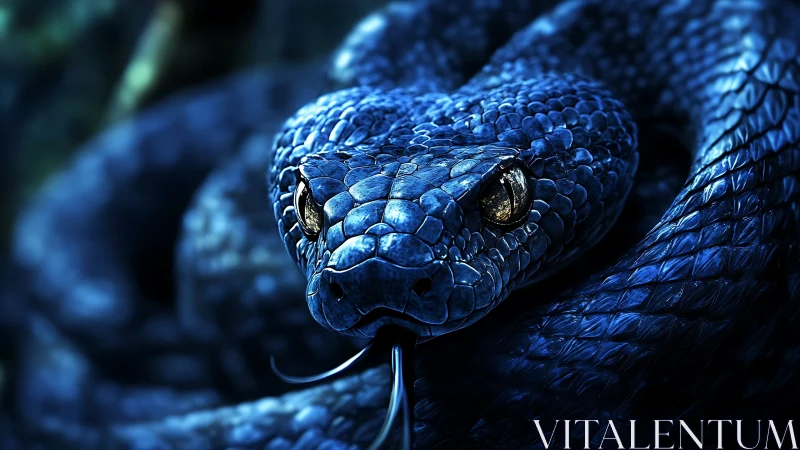 Cobalt viper portrait with macro-detailed iridescent scales.