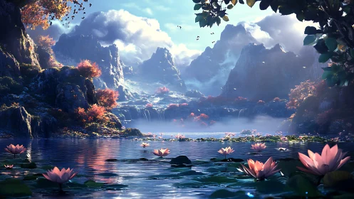 Mountain lake landscape with lotus flowers and waterfalls.