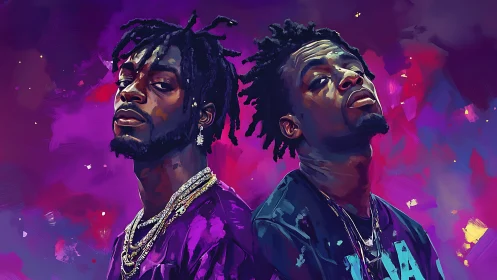 Digital portrait of two men against vivid purple backdrop.
