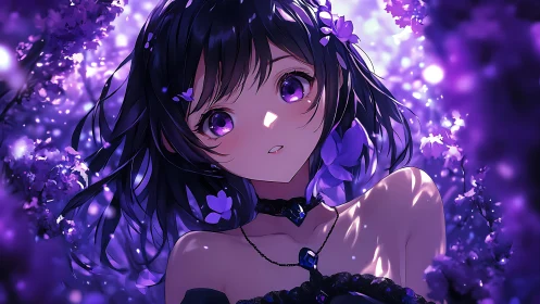 Purple eyed girl gazes upward under glowing floral canopy