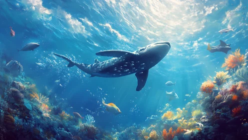 Whale glides through radiant coral reef seascape panorama.