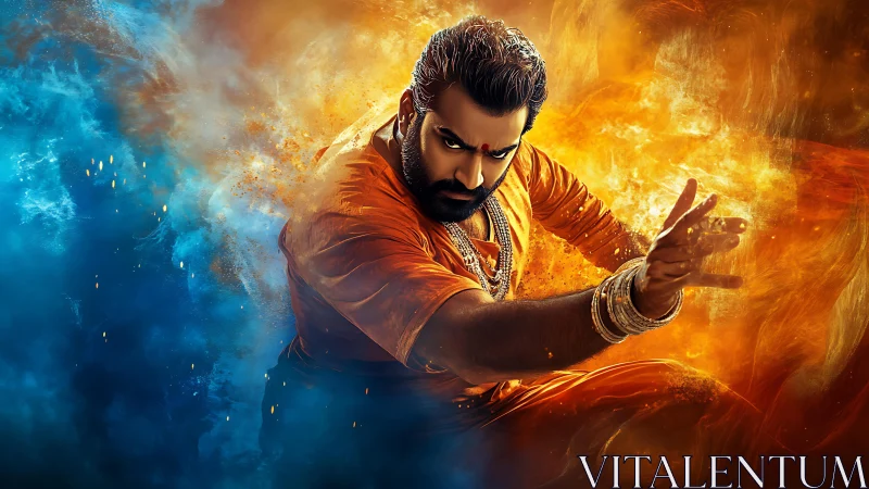 Dynamic warrior portrait in dual-toned elemental energy field.