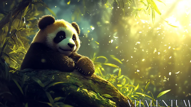 Baby panda leans on mossy log in glowing bamboo forest