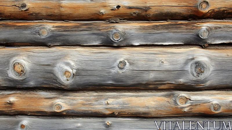 Weathered horizontal log wall with visible knots and grain.