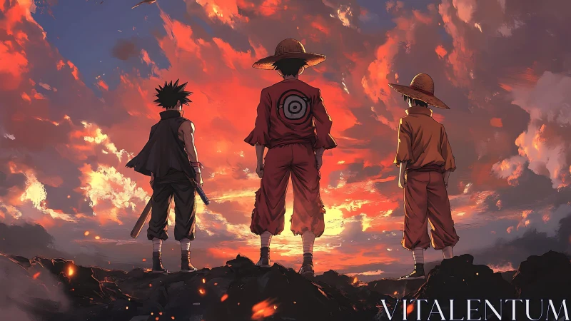 Three straw-hatted youths overlooking ember-lit volcanic horizon