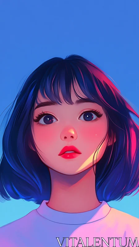 Neon dusk daydreamer with electric midnight bob hair.