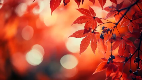 Red maple leaves in soft autumn sunlight bokeh background.