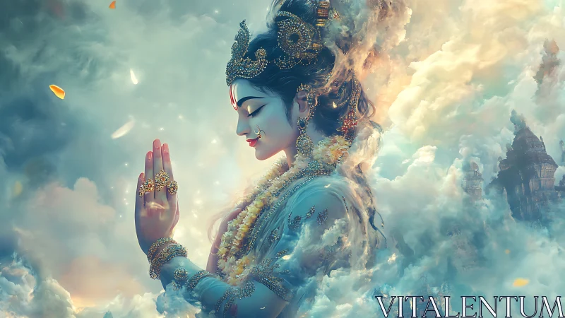 Digital painting of divine figure in luminous celestial clouds.