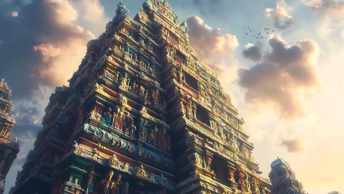 Tiered dravidian temple tower under diffuse evening light.