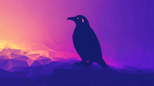 Silhouetted Bird Figure Against Gradient Landscape Background