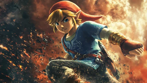 Heroic elf warrior leaping through swirling fiery skies.