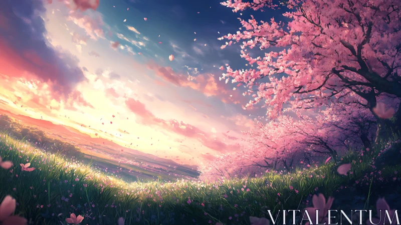 Cherry blossom hillside glows under a dreamy pastel sunset sky