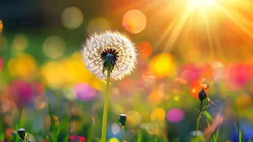 Dandelion seedhead glows beneath golden sunlight.