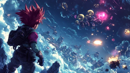 Anime sky warrior surveys burning futuristic cloud city.