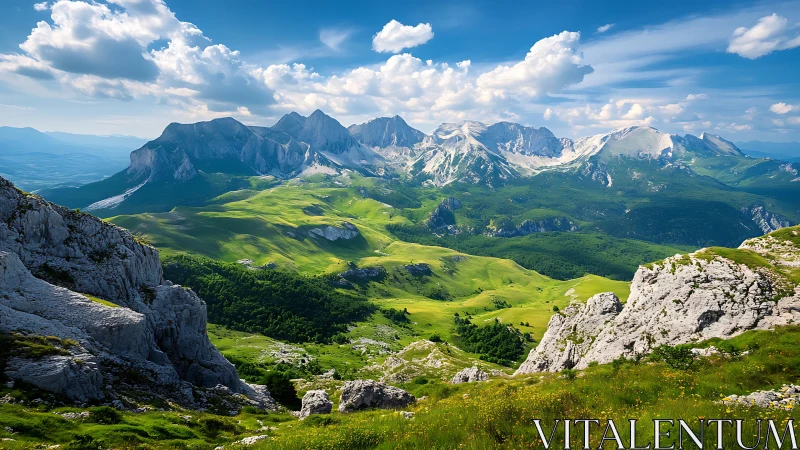 Mountain valley with rocky peaks under bright blue sky.
