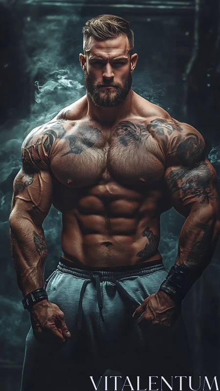 Muscular tattooed male figure in low key studio lighting.