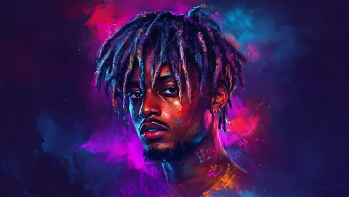 Electric portrait bathed in vivid neon brushstroke glow.