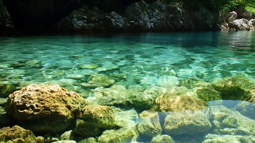 Clear turquoise water over rocks near shaded rocky shore.