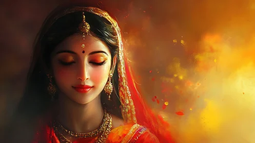 Woman in traditional attire stands with closed eyes in light