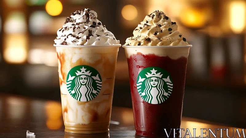 Two Starbucks frappuccino drinks stand on a reflective counter