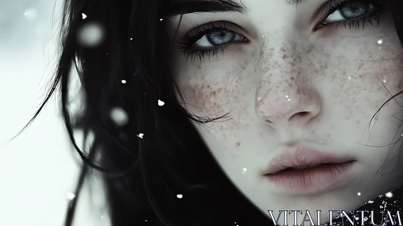 Snow-kissed freckles glow softly around calm winter eyes