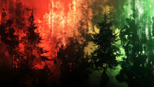 Silhouetted conifer trees over red to green textured field.