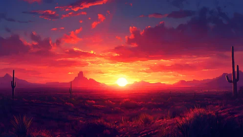 Radiant desert sunset glows warmly over quiet cactus plains