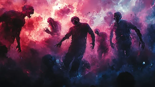 Silhouetted humanoid figures in red and blue atmospheric haze.