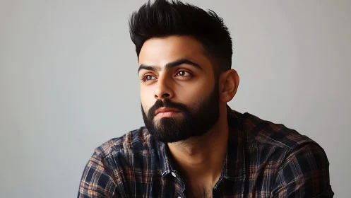 Thoughtful bearded gaze in soft studio morning light.