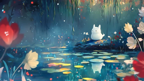 Cute white creature beside luminous lily pond at dusk.
