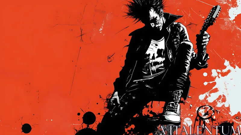Riot red backdrop crowns lone punk rocker in splattered shadow.