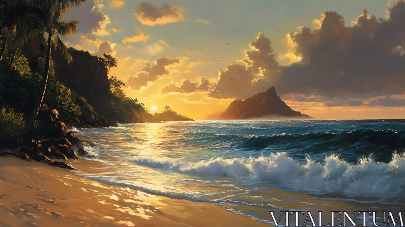 Tropical Beach Sunset with Island Peak and Palms.