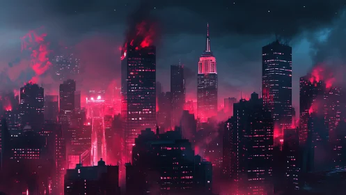 Neon red inferno over dark futuristic city skyline.