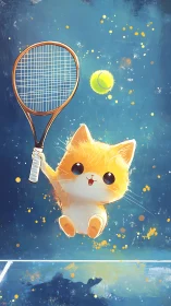 Playful kitten leaps for a joyful tennis shot under bright sky