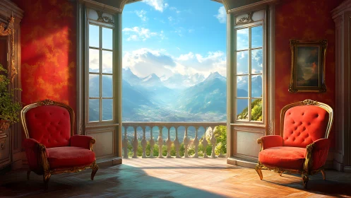 Luxurious red salon opening onto bright alpine valley view.