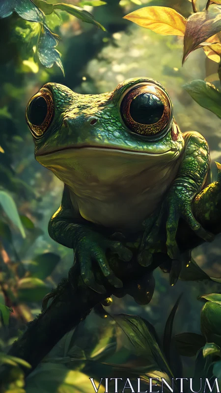 Jungle-eyed dreamer perches on a sun-dappled emerald branch