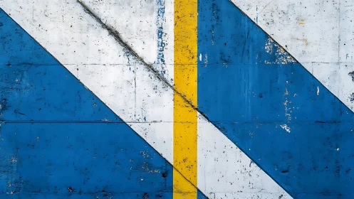 Painted concrete wall with blue, white and yellow stripes.