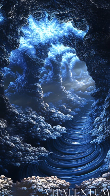 Mystical blue cavern welcomes a swirling river of light